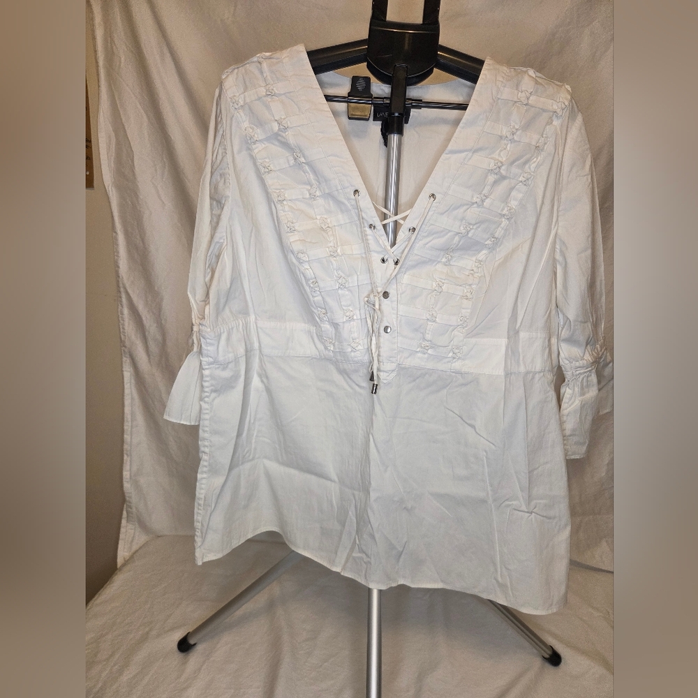 Lane Bryant White Lace-Up Ruffle V-Neck Blouse